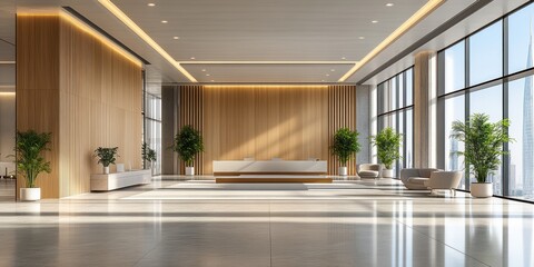 Spacious modern office lobby with natural lighting, featuring elegant wooden panels, large windows, indoor plants, sleek furniture, and a contemporary reception desk