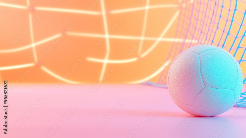 Poster dynamic neon blue soccer ball on soft pink matte table with soccer net and stadium lights - modern a