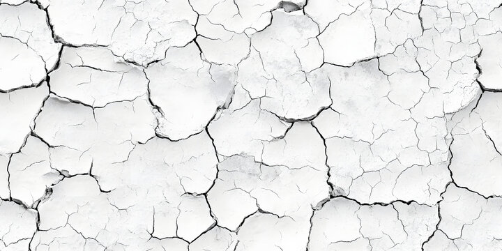 Seamless broken cracks background texture. Tileable stained peeling paint craquelure crackle pattern greyscale grunge overlay. Barren drought concept wallpaper or dry desert backdrop. 3D rendering..