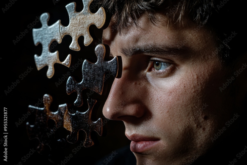 Poster brain oscillations neuroimaging close up of a man’s face with puzzle pieces merging into his skin sy