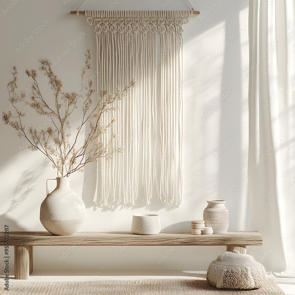 Poster handcrafted macrame wall art with geometric shapes in neutral color palette on plain white backgroun