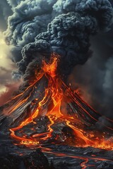 Erupting volcano with flowing lava and dark smoke, vibrant and intense