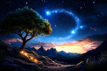 Zodiac signs as guiding stars, depicted in an artwork where each zodiac sign is a bright star in the night sky, guiding travelers and dreamers on their journeys with cosmic wisdom and light