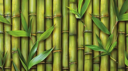 Fototapeta premium Natural Bamboo Wall with Green Leaves - Serene and Zen