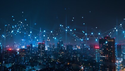 Falling stock market graph over cityscape, night view, dotted line descending