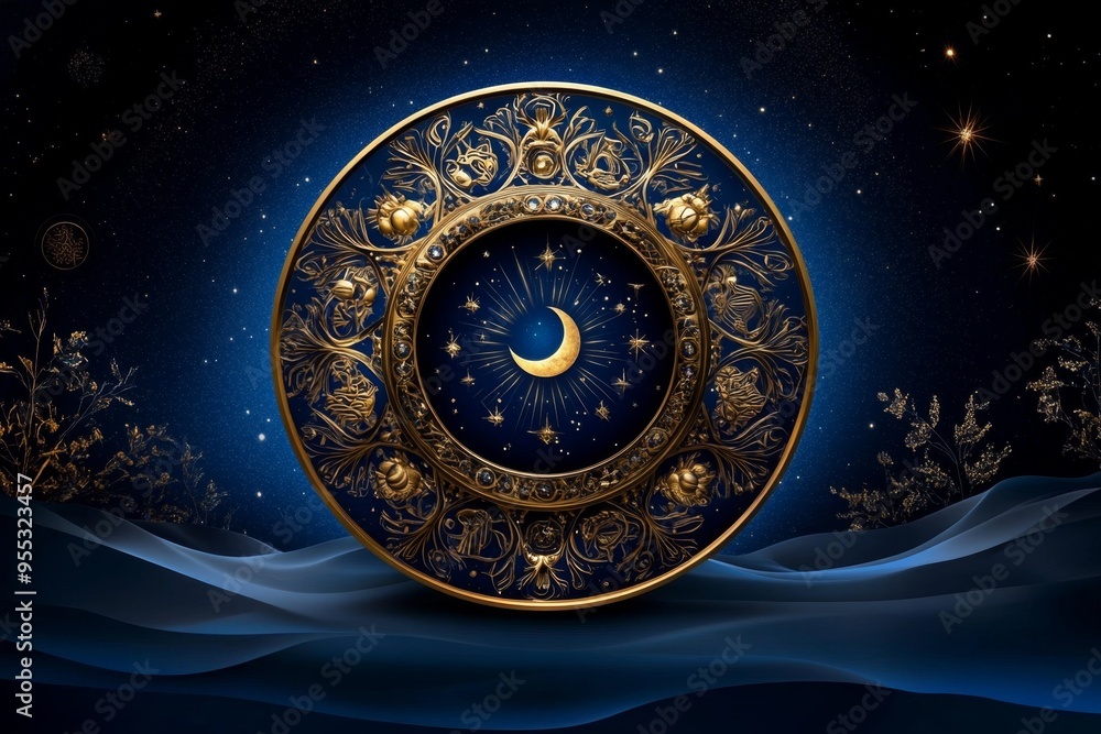 Wall mural zodiac signs in a moonlit dance, depicted in an artwork where the zodiac signs are figures dancing u