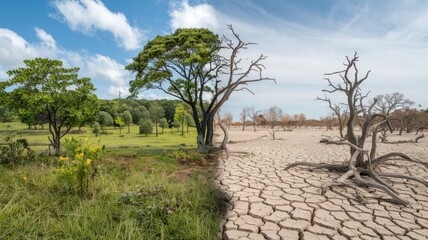 Fototapeta premium Divergent Ecosystems: Lush Greenery and Arid Terrain