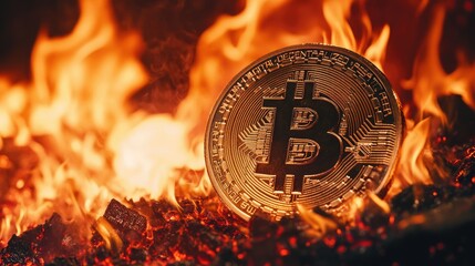 Fiery bitcoin in the midst of a blaze, with dramatic flames and a dark background, symbolizing intense market action