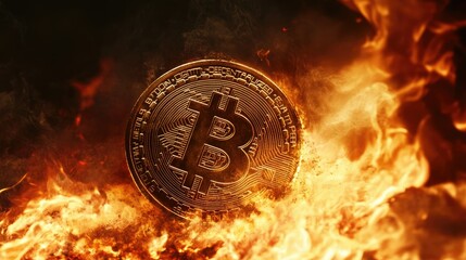 Fiery bitcoin in the midst of a blaze, with dramatic flames and a dark background, symbolizing intense market action
