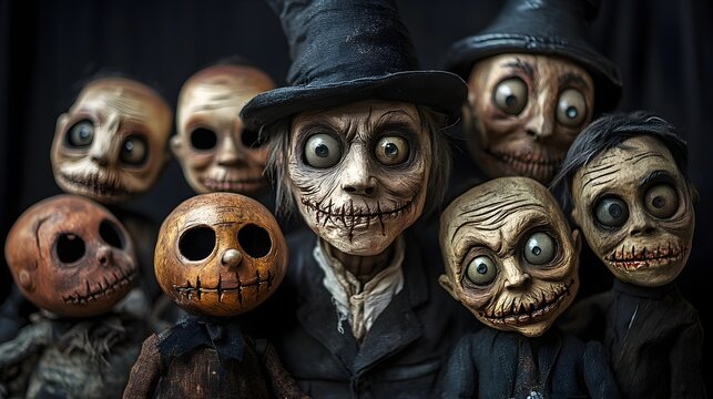 Puppet master with haunted puppets, wearing Halloween masks, cinematic lighting, horror-inspired, isolated on white background