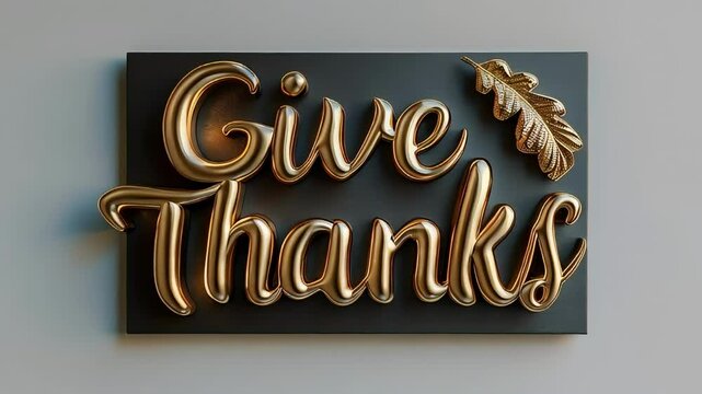 Metallic give thanks lettering with a gold leaf on a dark background, symbolizing gratitude and celebration for Thanksgiving. The image conveys a sense of elegance, tradition, and the festive spirit o