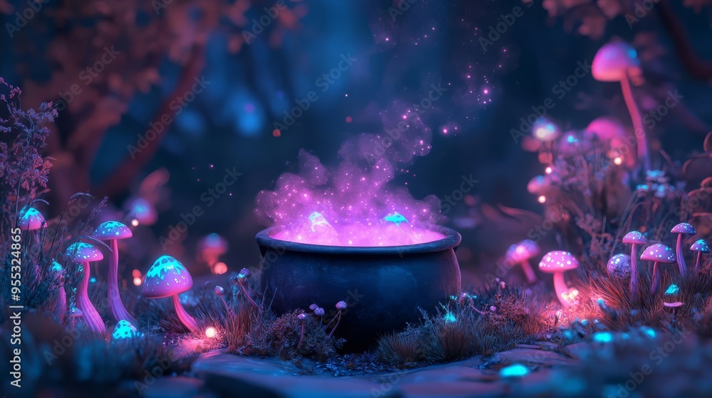 Wall mural pastel goth cauldron bubbling with soft pink and blue potions, surrounded by glowing mushrooms, hall