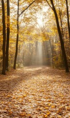 Obraz premium Sunlit Autumn Path in Mystical Forest with Golden Leaves and Enchanting Atmosphere at Morning