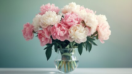 Fototapeta premium Delicate Pastel Peony Bouquet in Glass Vase on White Table - Elegance and Simplicity in Floral Decor