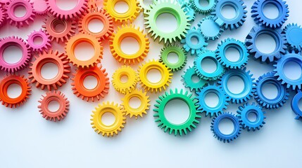 Interlocking gears in rainbow colors, intricately arranged on a white background, representing a colorful mechanical network.