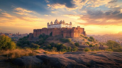 Fototapeta premium Jaswant Thada bathed in the warm hues of sunset, with the majestic Mehrangarh Fort standing tall behind, Jodhpur, India