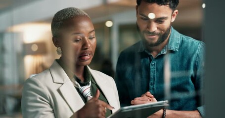 Tablet, meeting and business people in office at night for research project, website review and internet. Corporate, teamwork and black woman and man on digital tech for email, planning and feedback - Powered by Adobe