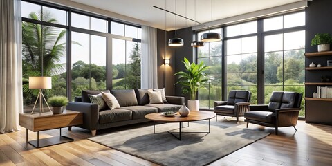 This modern living room features sleek black furniture, neutral-toned walls, and expansive windows that allow abundant