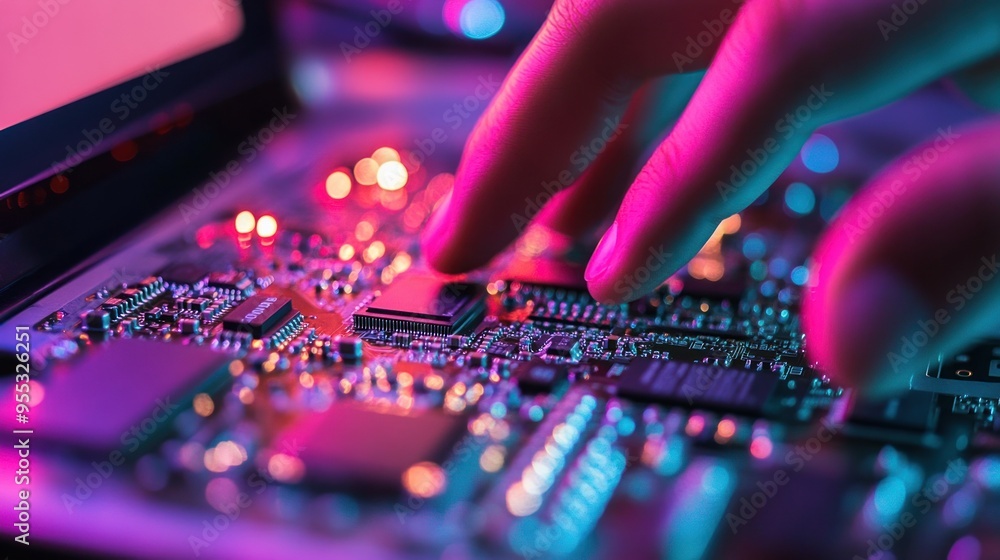 Wall mural Close-up of a Hand on a Circuit Board