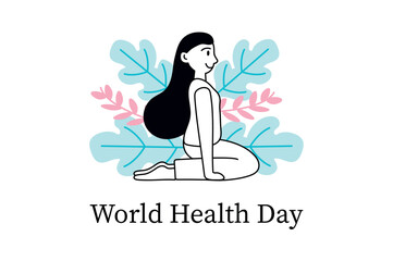 World Health Day linear concept with people scene in the flat cartoon style. A woman in a meditative pose surrounded by colorful leaves symbolizing harmony and well-being. Vector illustration.