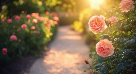 Serene garden pathway lined with blooming roses at sunset in a tranquil park setting