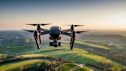 Drone flying over scenic landscape with hills and fields at sunset.