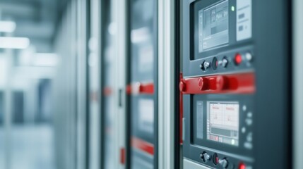 Advanced Fire Alarm System Control Panel in Modern Building, Showcasing Alarms and Indicators, Daytime, Complex, Critical Safety Technology
