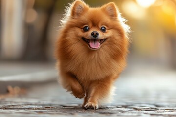 Fototapeta premium A Happy Pomeranian Dog Walking on a Cobblestone Path
