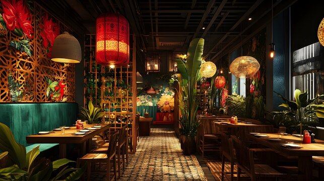A vibrant restaurant interior with dynamic ever-changing themes