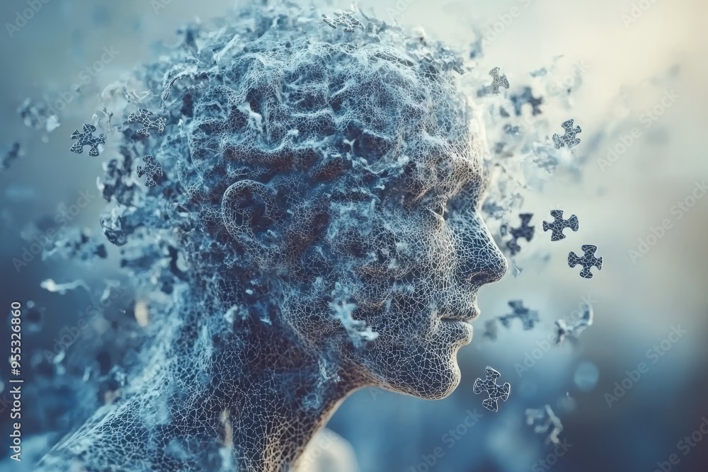 Poster psychopharmacology brain derived neurotrophic factor digital bust of a person disintegrating into pu