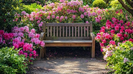 Tranquil Garden Bench Oasis Amid Blooming Pastel Azaleas