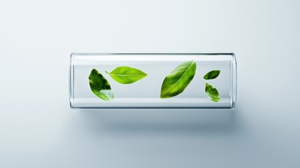 A glass tube mockup filled with water and small floating leaves, representing the purity of nature and the importance of clean resources.