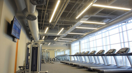 Obraz premium Modern gym interior with treadmills and fitness equipment, featuring bright lighting and large windows. 