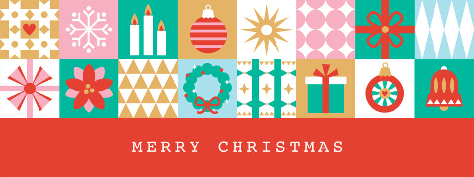 Christmas icons elements with geometric Bauhaus seamless vector pattern for wrapping paper, background, wallpaper. Holiday season, modern, contemporary abstract design.