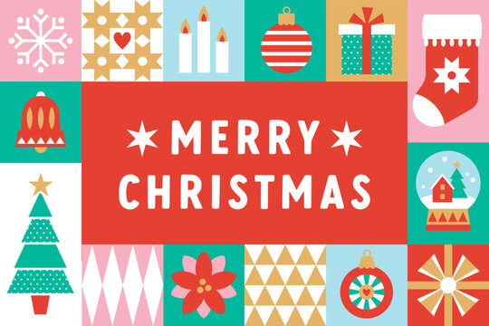 Christmas icons elements with geometric Bauhaus seamless vector pattern for wrapping paper, background, wallpaper. Holiday season, modern, contemporary abstract design.