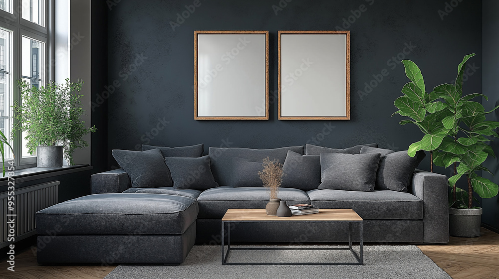 Wall mural Modern living room interior with dark gray sofa and two wooden frames hanging on a dark wall