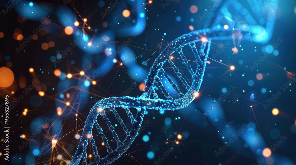Poster dna structure with glowing blue strands and vibrant bokeh lights creates captivating scientific visu