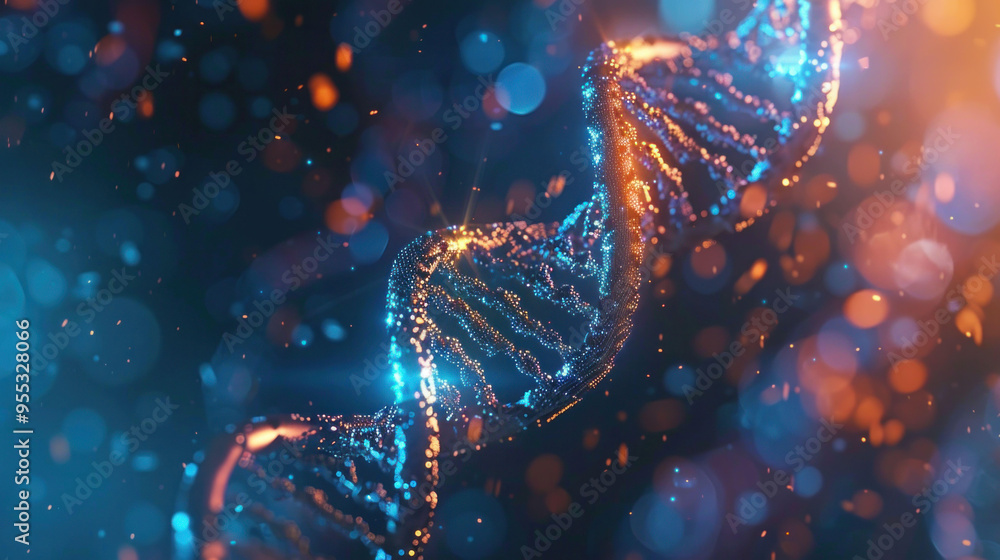 Poster Illuminated DNA helix with vibrant colors and sparkling particles creates captivating visual of genetic structure and molecular beauty. 