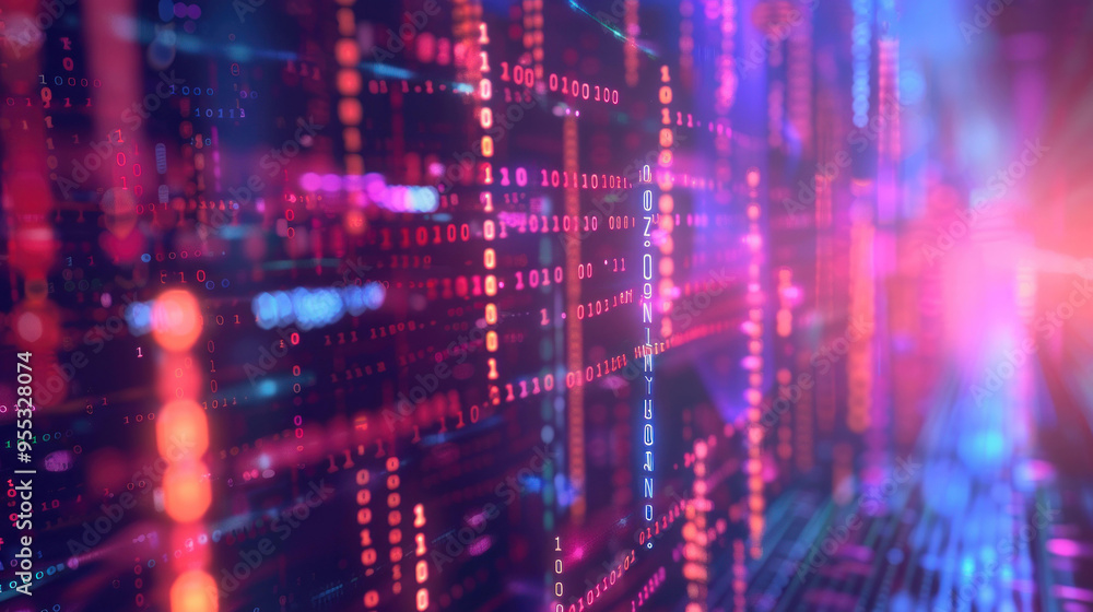 Poster Digital data visualization with binary code and vibrant colors 