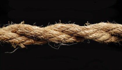 Frayed rope on the verge of snapping, black background, closeup, high contrast