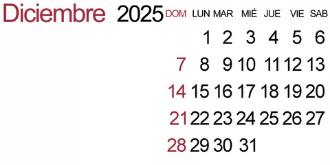 December 2025. A classic horizontal calendar written in Spanish. Last month of the year.