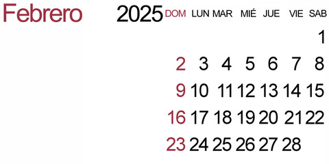 Classic calendar for February 2025 in Spanish. The week starts on Sunday.
