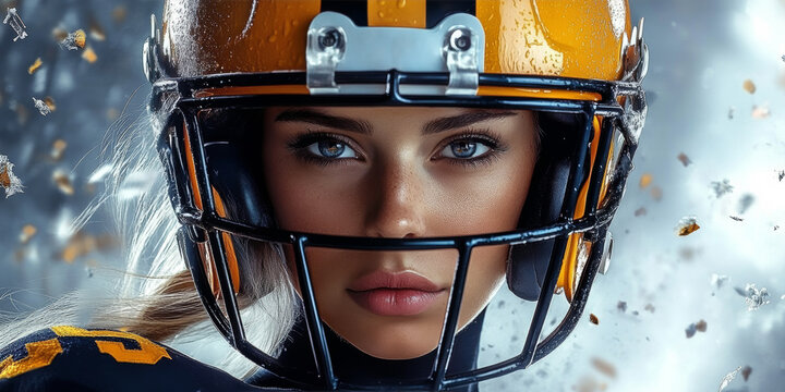 Beautiful female American football player wearing a helmet, close-up shot, studio photography, sports magazine cover advertisement shoot.