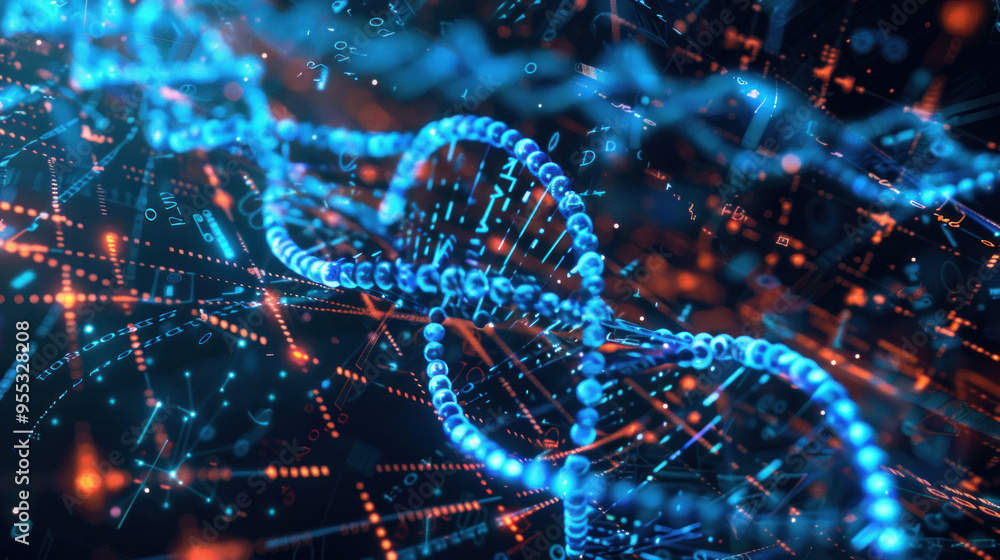 Aufkleber Digital representation of DNA strands with glowing blue and orange elements, showcasing intricate patterns and data connections. 