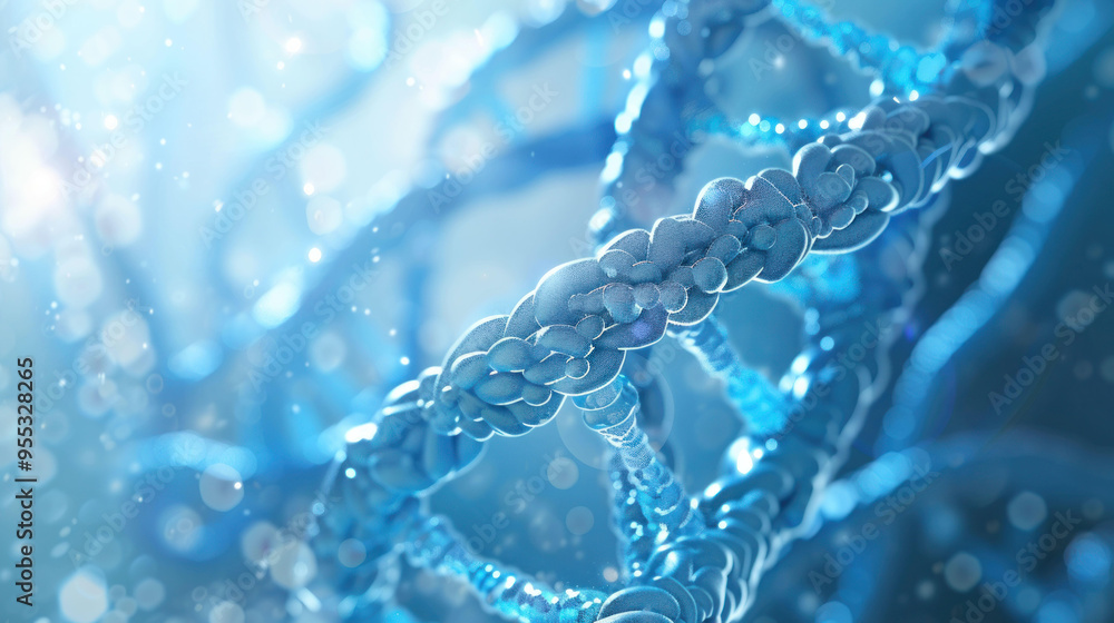 Poster a close up view of dna double helix structure, showcasing intricate details and shimmering blue back