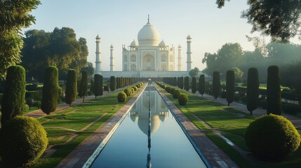 Obraz premium Taj Mahal glowing in the early morning sunlight, surrounded by lush gardens and reflecting pools, Agra, India