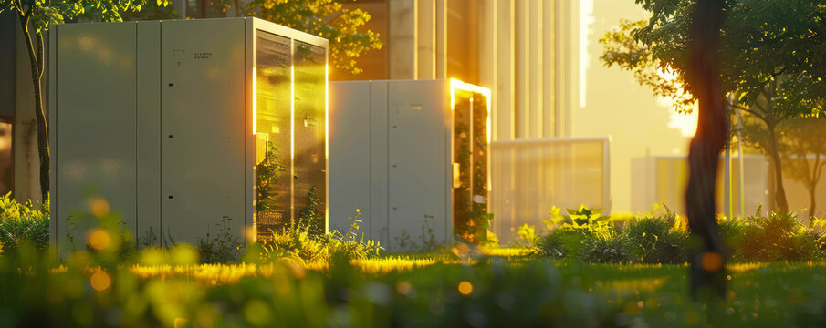 Create a high-resolution image of three green energy storage batteries placed in a modern urban setting. Position the batteries next to a sleek, minimalist building with elements of nature such as