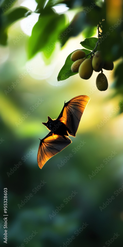 Poster a bat is flying over a tree with fruit on it. the bat is in the middle of the image and is the main 