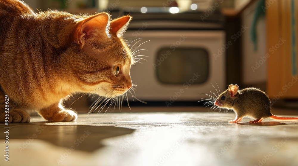 Wall mural Cat and mouse face-off in the kitchen, the orange tabby ready to pounce as the mouse hesitates on the floor.