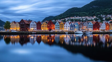 Fototapeta premium The harbor at Bryggen, Bergen, Norway, at dusk, with colorful historic buildings and calm water reflecting the peaceful transition from day to night